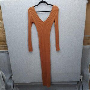 Hera Collection Womens Ribbed Long Sleeve V-Neck Rust Maxi Dress Size M